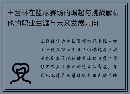 王哲林在篮球赛场的崛起与挑战解析他的职业生涯与未来发展方向